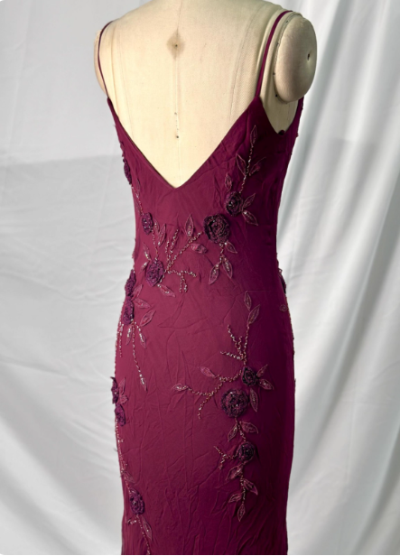 Elegant Vintage Burgundy Beaded Embroidery Thin Strap Mermaid Chiffon Long Prom Dress Evening Dress P4392