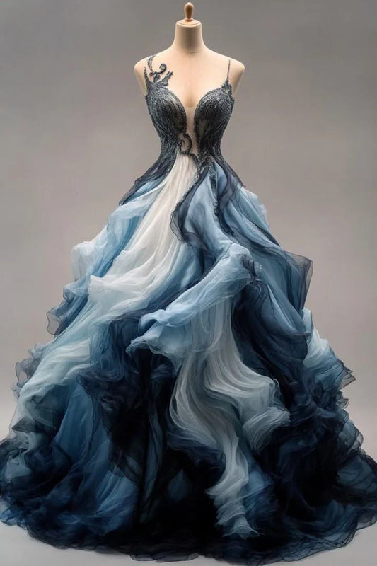 Vintage Ombre A-Line Prom Dress Spaghetti Strap Evening Dress Long Formal Dress TP4709