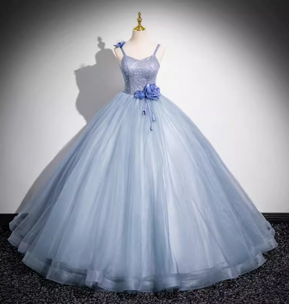 Dreamy Light Haze Blue Thin Strap 3D Floral Tulle Ball Gown Evening Dress Sweet 16 Dress P4394