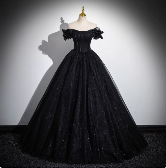 Gothic Court Black Off-the-Shoulder Shimmer Tulle Ball Gown Evening Dress Sweet 16 Dress P4395