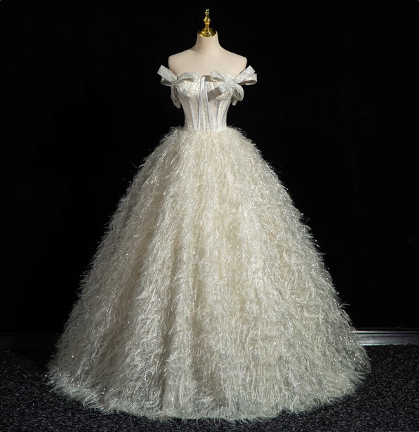 Princess Milk White Bowknot Off-the-Shoulder Feather Tulle Ball Gown Evening Dress Sweet 16 Dress P4396