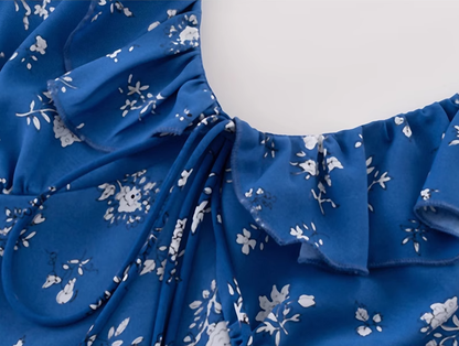2025 Summer New Retro Blue Floral Ruffle Waist V-Neck Holiday Dress R0976