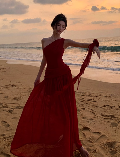 Fairy red off-shoulder dress with slim waist and long swing chiffon dress for holiday R1743