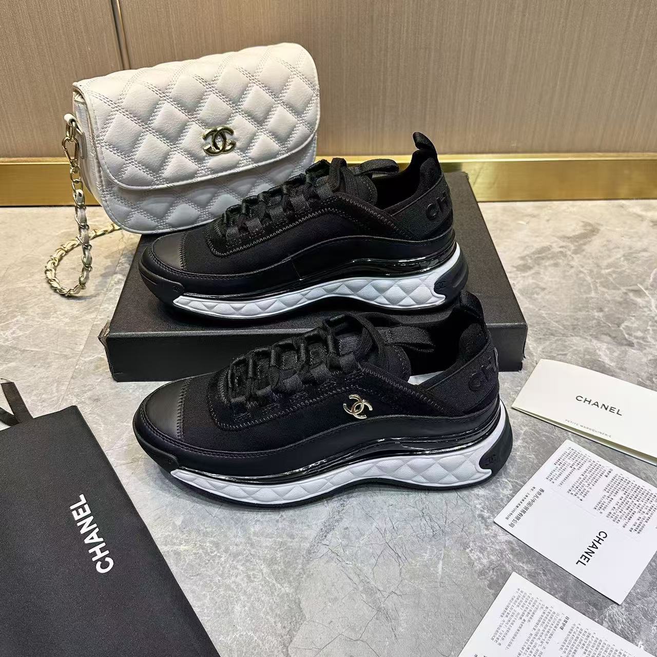 CC Low Top Sneakers Black White Mesh Splicing Cowhide