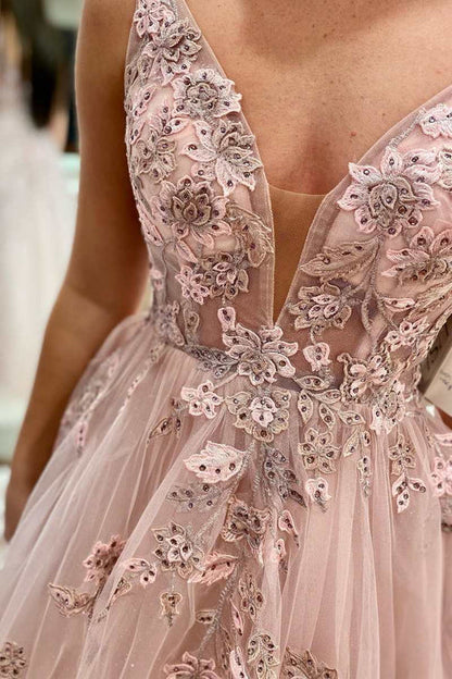 omberprom Evening Dress Floral Lace Plunge V Backless A-Line Prom Gown