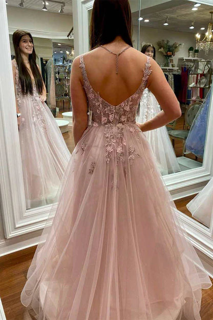 omberprom Evening Dress Floral Lace Plunge V Backless A-Line Prom Gown
