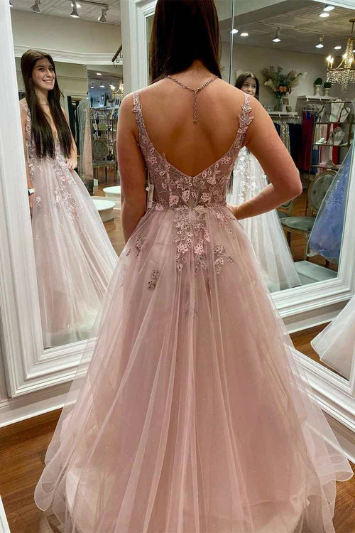 omberprom Evening Dress Floral Lace Plunge V Backless A-Line Prom Gown