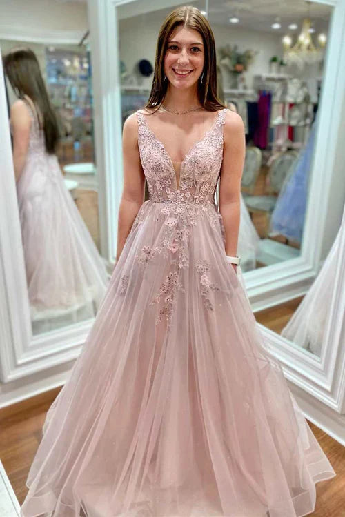 omberprom Evening Dress Floral Lace Plunge V Backless A-Line Prom Gown