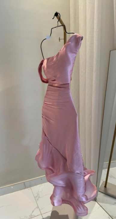 Pink Asymmetric Ruched Mermaid Evening Dress _ Satin Ruffled Formal Gown TP5072