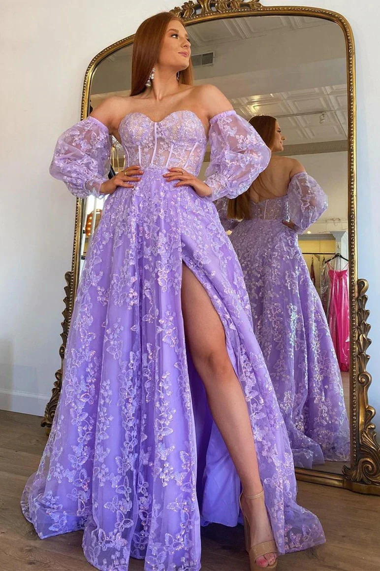 Sparkle Princess Bustier Puff Sleeve Lace Long Prom Dress Detachable Sleeves Evening Dress  Y1805