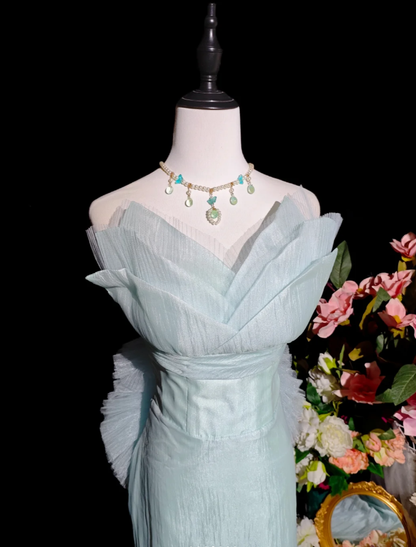 Charming Strapless Blue Tulle Mermaid Long Party Dress Birthday Prom Gown