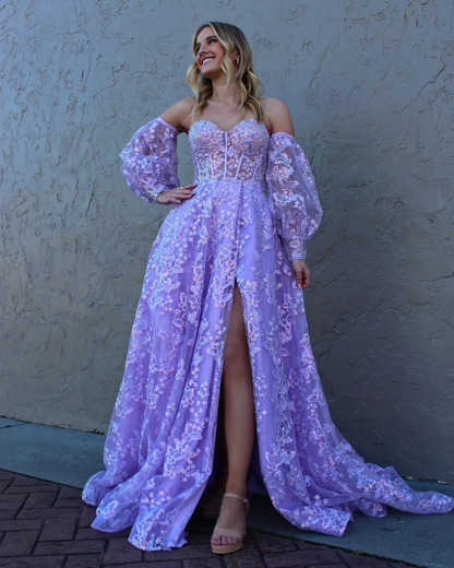 Sparkle Princess Bustier Puff Sleeve Lace Long Prom Dress Detachable Sleeves Evening Dress  Y1805