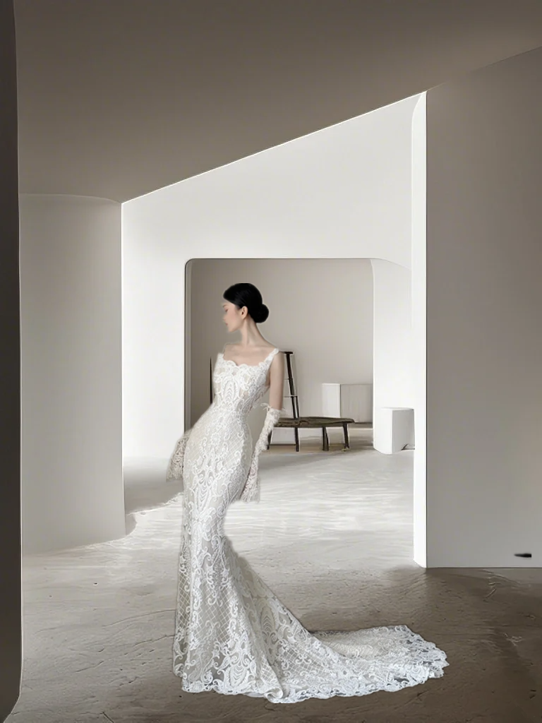 White halter-neck lace fitted waist sexy long ball gown/wedding dress R8020