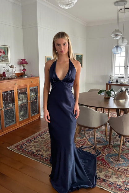 Chic Sheath Halter Neck Yellow Long Party Dress with Backless Bowknot