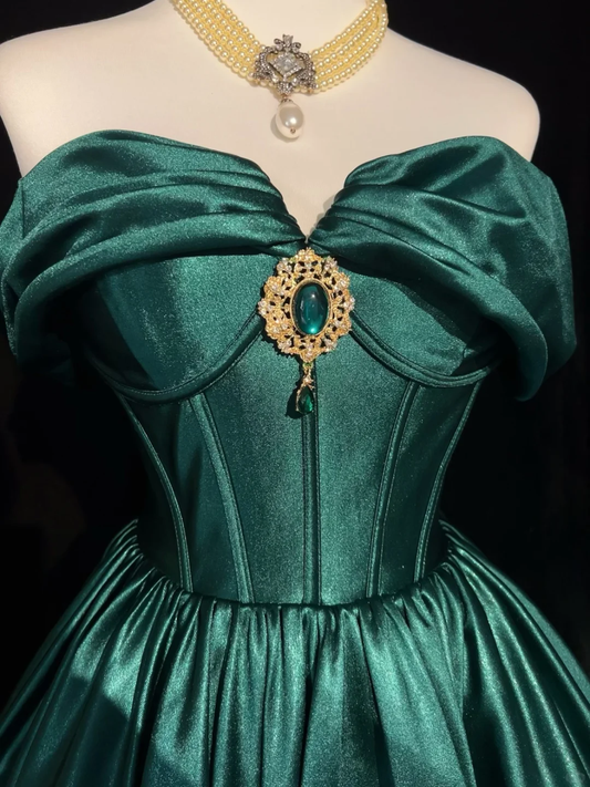 Green one-shoulder satin waist slim fit puffy princess dress homecoming dress R4956