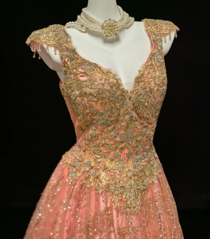 Unique Pink Lace Sequin Beaded A Line Long Party Dress Birthday Prom Dresses SP1575