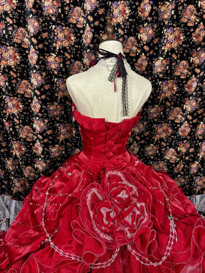 Vintage Red Sweetheart Sequin Strapless A-line 3D Flower  Prom Dress Evening Gown TP3786