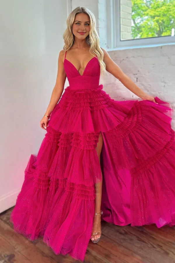 omberprom A-Line Spaghetti Straps Long Evening Dress Tiered Tulle Prom Dress With Split