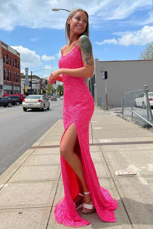 omberprom Fashion Prom Dresses Glitter Straps Hot Pink Sequins Prom Gown with Slit