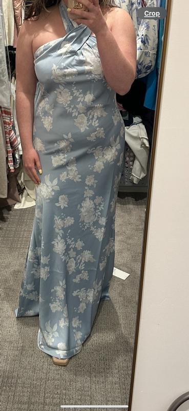 Pretty Halter Navy Blue Satin Print Long Prom Dress Evening Dress Y8453