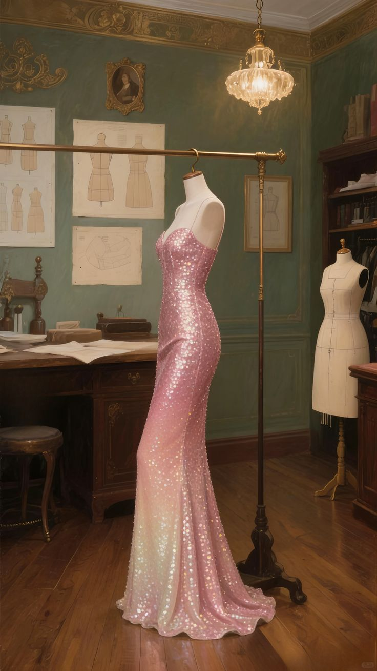 Sparkly Spaghetti Straps Pink Sequin Mermaid Long Party Dress Evening Gown