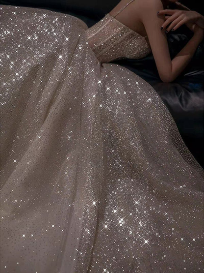 Glitter Spaghetti Straps Tulle Silver Sequin A Line Birthday Party Dress Long Evening Dress Prom Gown