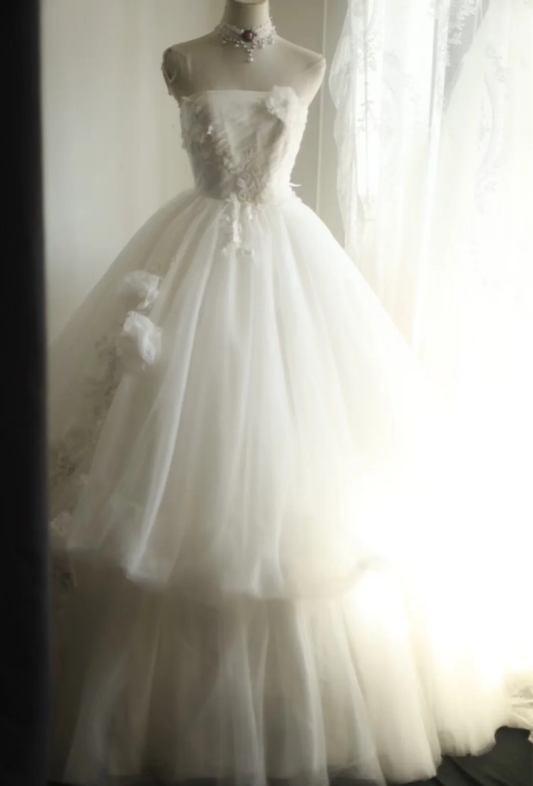 Fairy Strapless Tulle Appliqued Ball Gown White Long Wedding Dress