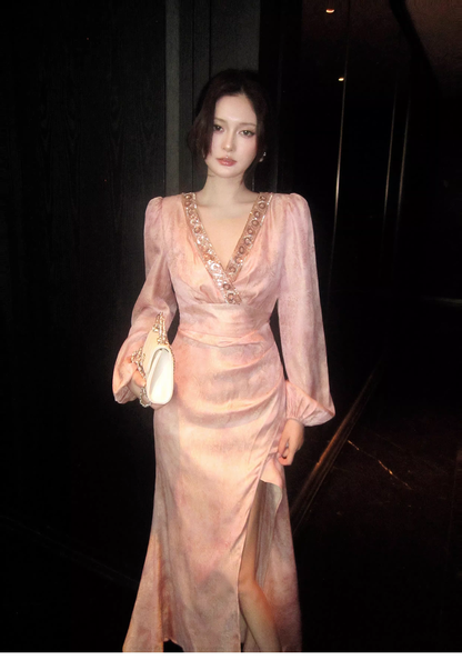 Glamorous V Neck Pink Satin Print Floral Beaded Mermaid Slit Evening Dress Long Birthday Prom Gown SP1542