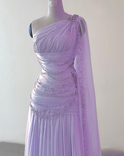 Classy One Shoulder Pink Long Chiffon Beaded Party Dress Prom Gown Y8772