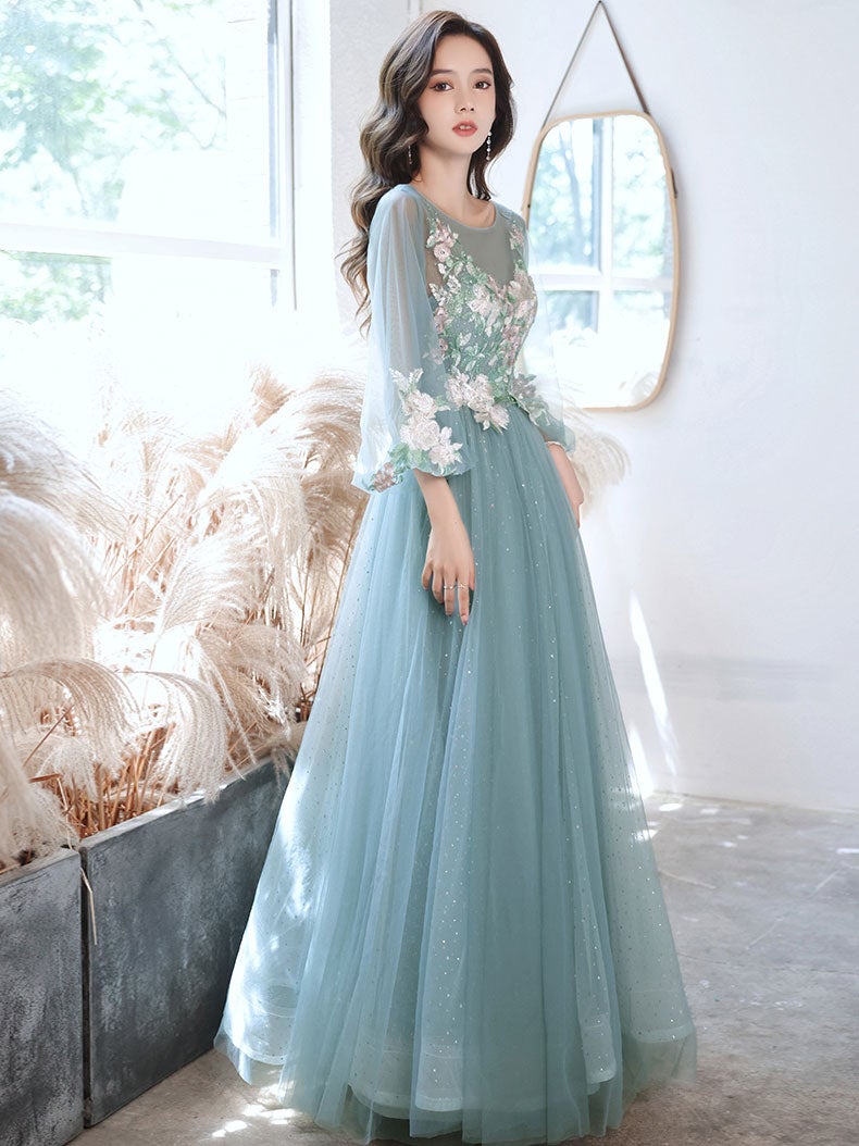 Green tulle lace tea length prom dress, green tulle formal dress