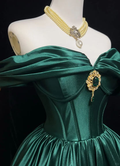 Green one-shoulder satin waist slim fit puffy princess dress homecoming dress R4956