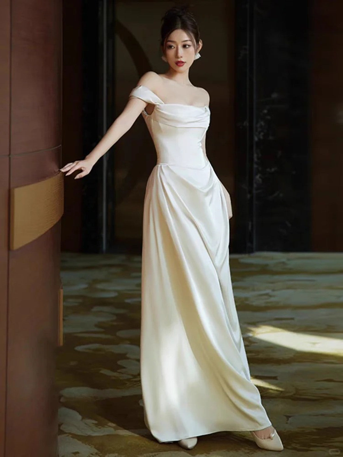 White Satin Sweetheart Off Shoulder Prom Dress, White Long Wedding Party Dress