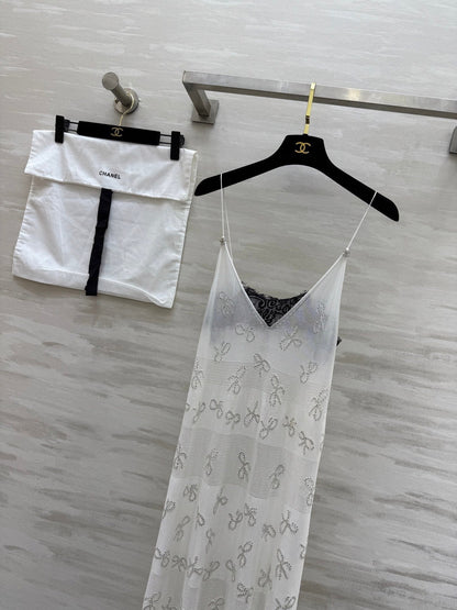CC Rhinestone Bow Jacquard Embroidered Lace Dress White Cotton 346488