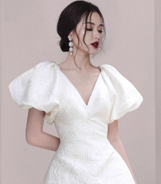 French retro white jacquard puff sleeves V-neck slim banquet party evening dress skirt homecoming dress R2976