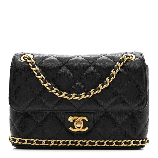 Caviar Quilted Camellia Chain Around Flap Black