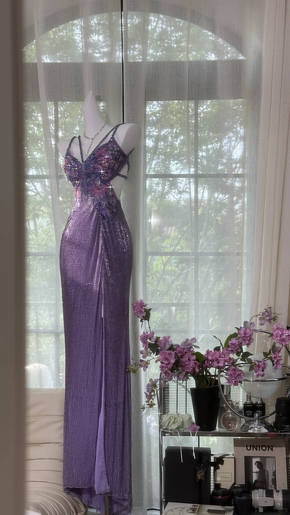 Vintage Gorgeous Purple V-neck Sparkling Romantic Luxury Spaghetti Strap Evening Dress Prom Dresses TP3957