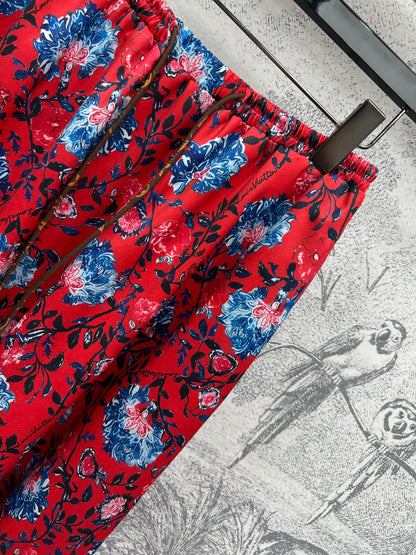 LV 25 Elastic Waist Old Flower Leather Skirt Red Poliester