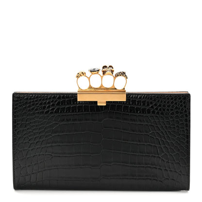 Calfskin Crocodile Embossed Knuckle Flat Clutch Black Gold
