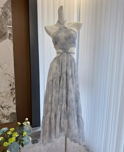 Blue Rose Print Handmade Braided Rope Waist-baring Sexy Temperament Long Dress R1997