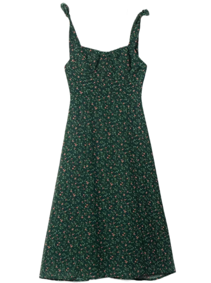 2025 Summer New Green Retro Platycodon Floral Waist Long Suspender Dress R0915