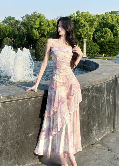 Vintage Lilac Floral Mermaid Spaghetti Strap Evening Dress Long Prom Dress TP4996