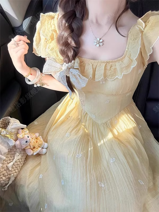 Vintage Faint Yellow A-Line Prom Dress Floral Short-sleeve Evening Dress Chiffon Long Formal Dress TP4725