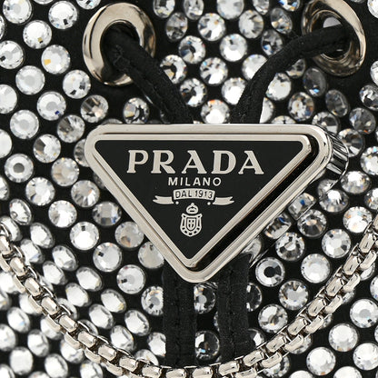 Satin Crystal Metal Triangle Logo Mini Drawcord Pouch Shoulder Bag Crystal