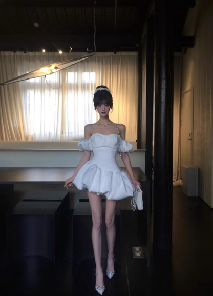 Satin puffy skirt French temperament pure desire style dress retro one shoulder white strapless short skirt homecoming dress R2999