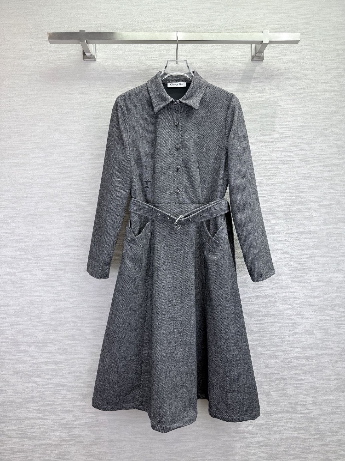 CD 25SS Long Dress With A Fabric Belt Gray Wool 306573