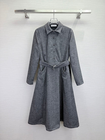 CD 25SS Long Dress With A Fabric Belt Gray Wool 306573