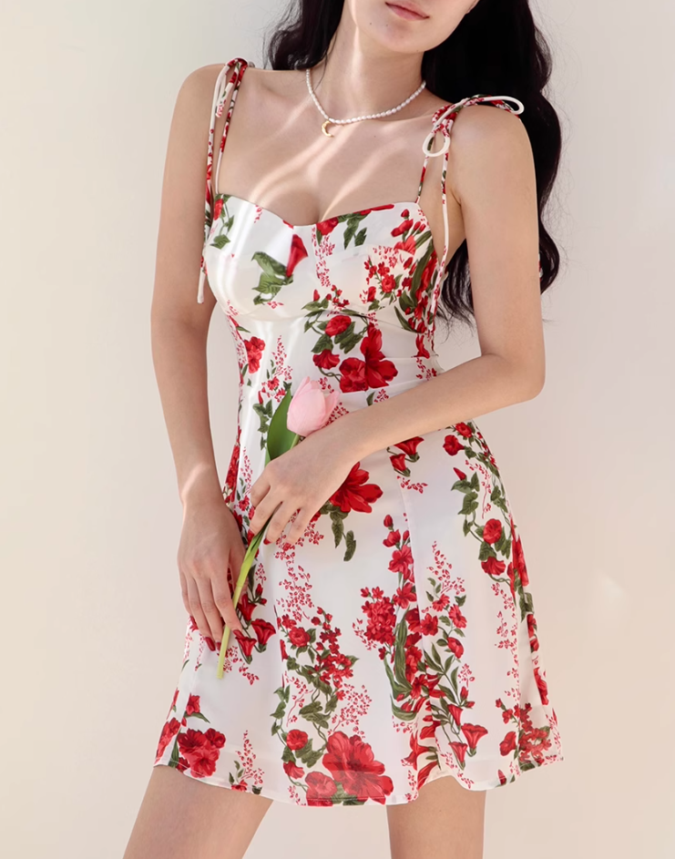 European and American style big red flower print suspender dress short skirt R2861