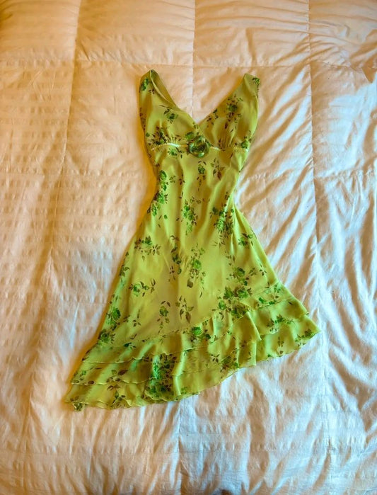 Yellow green floral V-neck sexy waist irregular skirt design short skirt homecoming dress R2618
