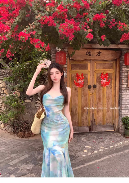 New Fashion Butterfly Design Short Sleeve Casual Spaghetti Strap Dress TP3017
