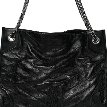 Crinkled Calfskin Matelasse Monogram Medium Niki Shopper Tote Black